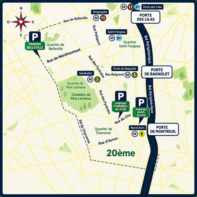 Kaart van het 20e arrondissement van Parijs met de drie parkeergarages van Paris France Parking: Belleville-Ménilmontant, Pyrénées-du-Clos en Saint-Blaise, met de Porte de Bagnolet en de Porte de Montreuil, de begraafplaats Père-Lachaise en de metrolijnen 3, 9, 11 en 3bis.